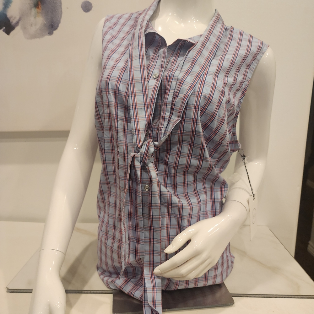 [1901] New W/ Tag,  WOMEN'S RED & BLUE PLAID, SLEEVELESS BLOUSE TOP WITH TIE,
